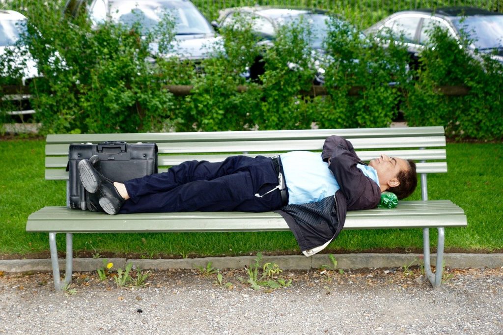 park bench, business man, sleep