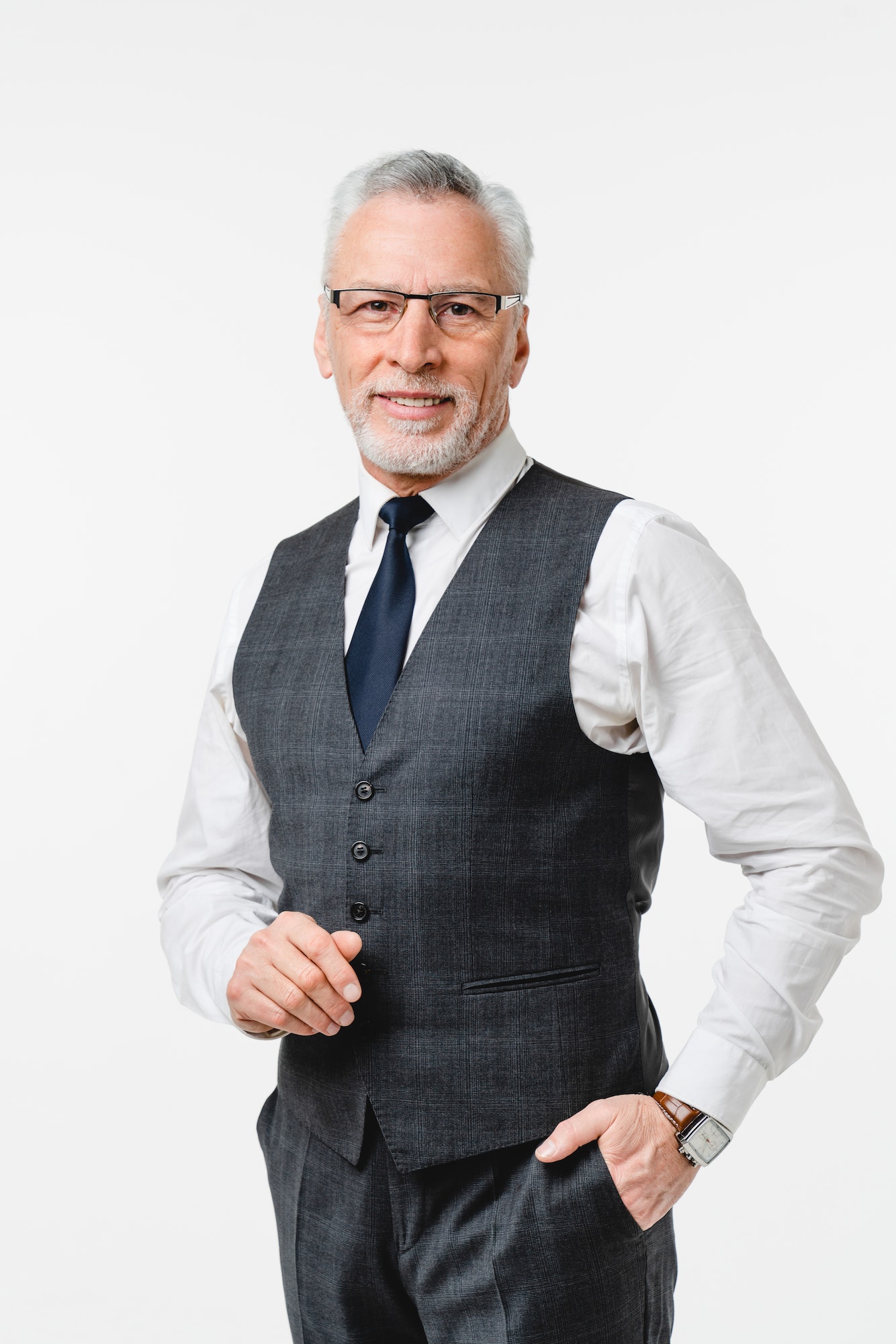 Vertical portrait of caucasian middle-aged mature senior elderly businessman ceo teacher professor
